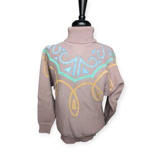 Vintage 1980s GRS 100% Wool Abstract Pastel Turtleneck Sweater Size Medium